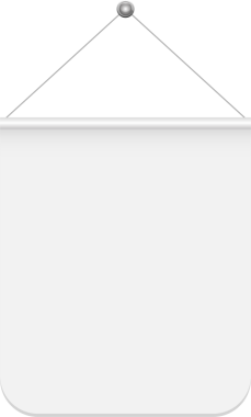 Siyah bir arkaplanda asılı bir pankart sergileniyor. Boş, açık gri bayrak, uç noktadaki gri bir küreye bağlı iki telden sarkıyor. Bu mesajlar için bir şablon.