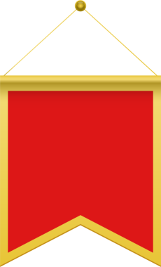 Altın kenarlı kırmızı bir pankart, altın bir iple siyah bir arkaplanda asılı duruyor. Pankartın stilize edilmiş bir alt noktası var. Dekoratif öge.