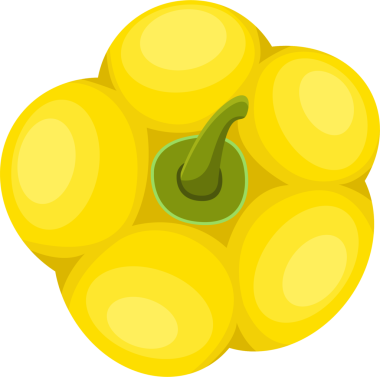 Göz hizasında, karikatür çizimi yeşil saplı sarı bir dolma biber tasvir ediyor. Biberin soğanlı şekli ve parlak teni olgunluğu ve tazeliği gösteriyor..