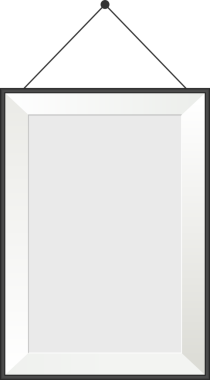 Yukarıdan sarkan portre odaklı bir resim çerçevesi. Eserde, temiz çizgileri içinde sanat veya fotoğraf sergilemeye hazır, mat beyaz bir girişi olan siyah bir kenar yer alıyor..
