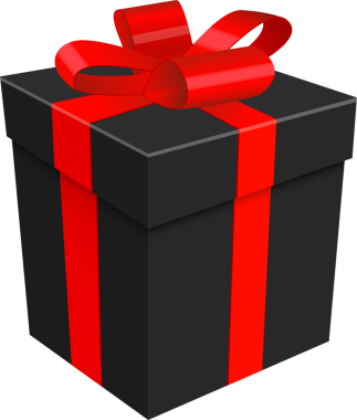 Parlak siyah bir hediye kutusu canlı kırmızı bir kurdele ile sunulur. Kurdele kutunun üzerinde güzel bir fiyonka bağlanmış. Kutlamalar için mükemmel..