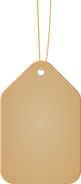 Yuvarlak köşeli, açık kahverengi bir etiketin yakın çekimi. Tepeden sarkan, metal destekli bir delikten sarkıtılmış bir tel. Arka plan simsiyah..