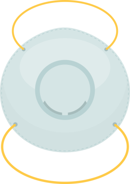 Yuvarlak, açık mavi bir maskenin basit bir çizimi. Her iki tarafında sarı elastik kayışlar var. Maskenin dikişleri ve ortasında dairesel bir tasarımı var..