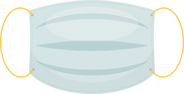 Açık mavi bir yüz maskesi çizimi yatay piller ve sarı elastik kulak halkaları, genellikle hava yoluyla bulaşan parçacıklara karşı kişisel koruma için kullanılır..