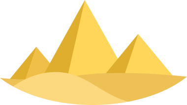 Basit bir illüstrasyonda kum tepelerinin arkasında duran üç altın piramit görülüyor. Yapılar, güneş ışığı altında antik tarih ve kurak manzaralar hakkında bir fikir verir..