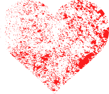 Dijital sanat eserleri, siyah bir zemine dayanan, eşsiz parçalanmış ve benekli dokusuna sahip kırmızı bir kalp şekli sunuyor. Kalbin kenarları sert görünür..