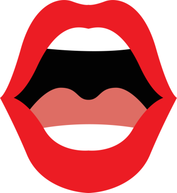 Bu resim, ağız pozisyonunda stilize edilmiş kırmızı dudakları gösteriyor. İç kısmı koyu siyah, beyaz dişleri ve açık pembe bir dili var. Arkaplan siyah.
