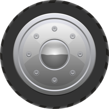 Bir tekerlek ve lastiğe odaklanmış görsel olarak çekici, stilize edilmiş bir karikatür. Tekerlek çelik, parlak metal donanımla işaretlenmiş. Ayarların koyu bir arkaplanı var.