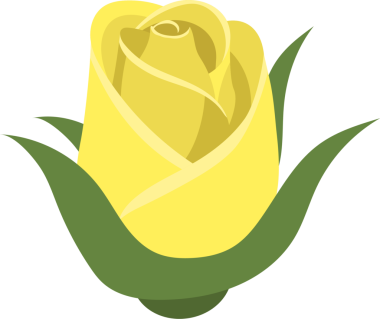 Tomurcuk şeklinde bir gülün stilize edilmiş bir çizimi. Çiçeğin kısmen kapalı sarı taç yaprakları vardır ve kıvrımlı yeşil sepallerle çevrilidir. Arkaplan simsiyah..