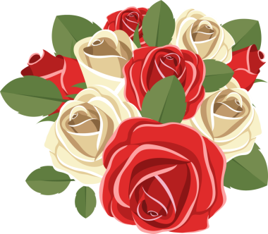 Renkli bir vektör görüntüsü, çiçek açmış bir buket gül içerir. Güller kırmızı ve açık sarı, yeşil yapraklarla tamamlanmış, siyah bir zemin üzerinde.