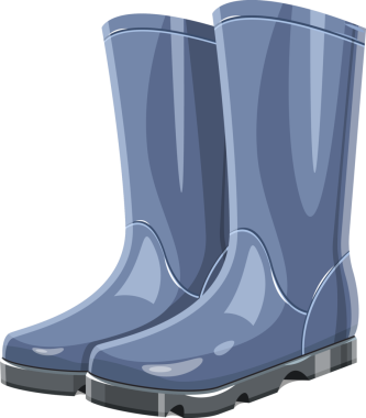 Görüntü, kalın tabanlı bir çift gri su geçirmez lastik bot tasvir ediyor. Bu botlar yağmurlu günlerde ayakları sudan ve çamurdan korumak için tasarlanmıştır..