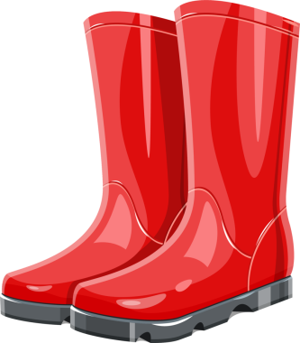 Bir çift parlak kırmızı lastik bot yan yana durmaktadır. Diz hizasında ve ıslak hava ya da pis işler için mükemmeller. Botların gri tabanları var..