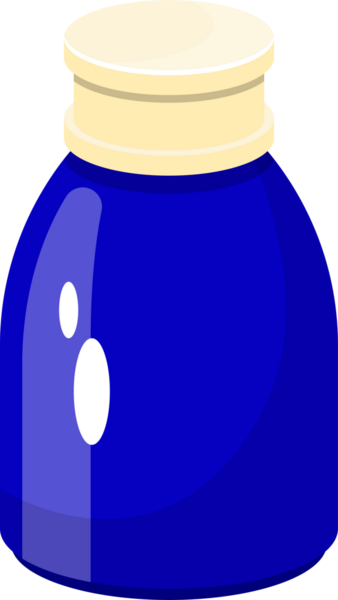 Bu resimde yuvarlak, mavi bir mürekkep şişesi var. En tepede bronzlaştırıcı var. Şişenin yüzeyinde iki önemli nokta görünüyor, bu da cam illüzyonu yaratıyor..