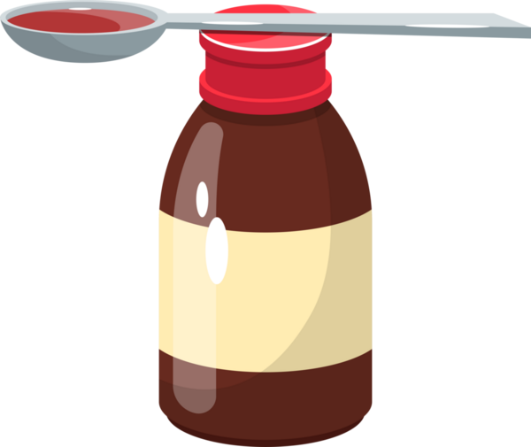 Kırmızı şapkalı ve bej etiketli bir ilaç şişesinin karikatür çizimi. Şişenin üzerinde bir kaşık sıvı duruyor, ölçülü bir doz olduğunu gösteriyor..