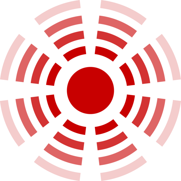 Çarpıcı bir soyut geometrik desen merkezinde kırmızı bir daire içerir. Merkezi çemberden yayılan kemerler konsantre katmanlar oluşturur. Arkaplan siyah.