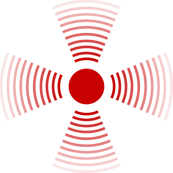 Siyah bir arkaplana karşı kırmızı geometrik tasarım, radyasyonu veya sinyal iletimini sembolize eden, dört yönlü yayılan dalgalarla merkezi bir daire içerir..