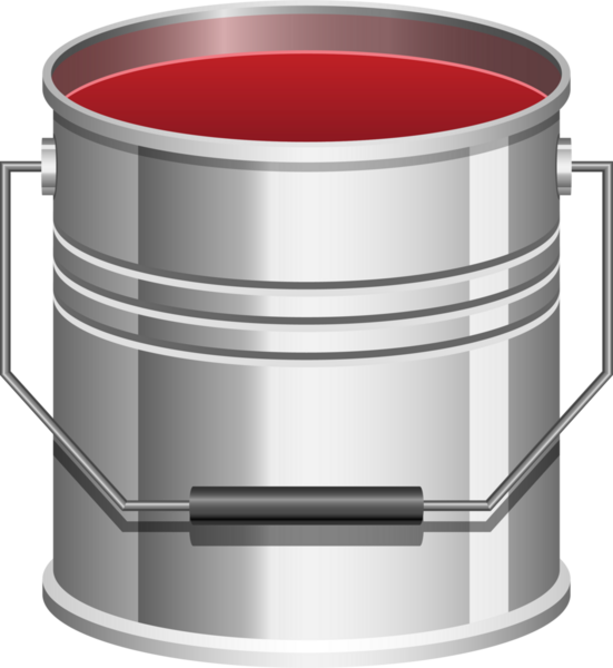 Canlı, kan kırmızısı bir sıvıyla dolup taşan gümüş metalik bir kap, muhtemelen boya. Konteynırda sağlam bir metal sapı ve düzgün, silindirik bir tasarımı var. Bu da depolama amaçlı olduğunu gösteriyor..