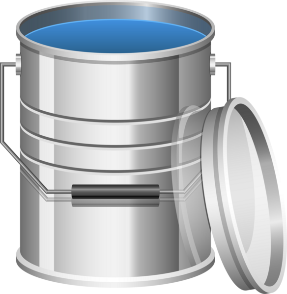 Metalik bir kova parlak mavi bir sıvı havuzu içerir. Bu da boya ya da benzer bir maddeyi işaret eder. Kovanın kapağı kenarda duruyor, simsiyah bir zemin üzerine kurulmuş..