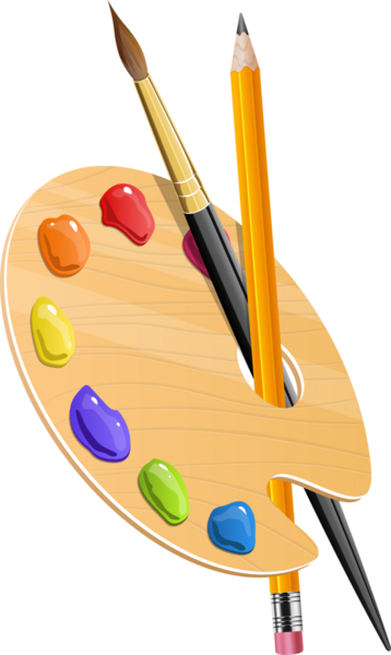 Bu resim renkli boya parçalarıyla süslenmiş ahşap bir sanatçının paletini gösteriyor. Palette bir boya fırçası ve kalem istirahati, resim ve çizim için hazır bir sahne olduğunu gösteriyor. Araçlar oluşturma için özgüdür.