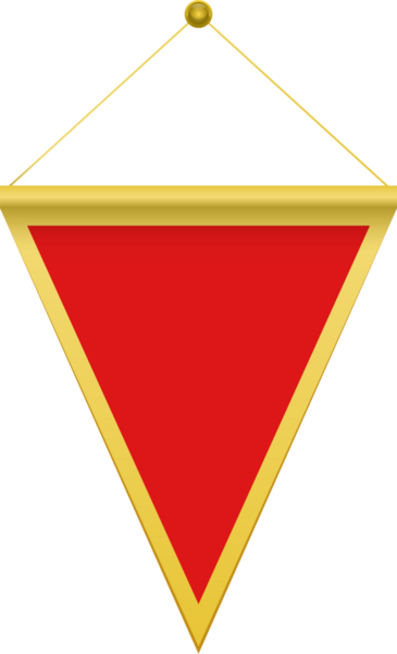 Altınla süslenmiş canlı kırmızı üçgen bir flama, altın bir kordon tarafından askıya alınır. Arka plan düz, simsiyah, flamayı vurguluyor..