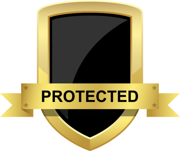 Siyah arka planda siyah dolgulu parlak bir altın kalkan sergileniyor. PROTECTED kelimesi kalkanın karşısındaki bir şeritte gösteriliyor. Güvenlik tasarımı.
