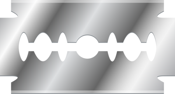 Görüntü, parlak metalden yapılmış çift taraflı bir jilet gösteriyor. Merkezde kesikler var ve yakın traş için uygun..