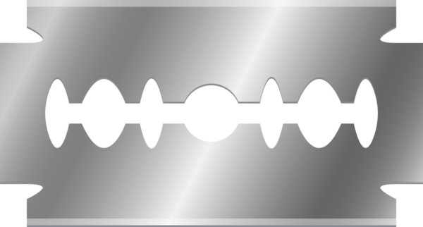 Bu resim bir jilet içeriyor, keskin kenarı pürüzsüz, gümüş bir zemin üzerine vurgulanmış. Merkezi tasarım, modern bir estetik yaratmak için geometrik kesitler içerir..