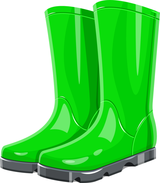 Çizgi film tasvirinde bir çift parlak yeşil yağmur çizmesi yan yana durmaktadır. Botların kalın, dayanıklı gri tabanları var. Koyu siyah bir arkaplana karşılar..