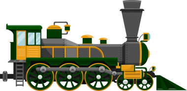 Sarı aksanlı yeşil ve gri renkli, çizgi film tarzında klasik demiryolu lokomotifli klasik bir buhar treni gösteriliyor. Siyah arkaplan.