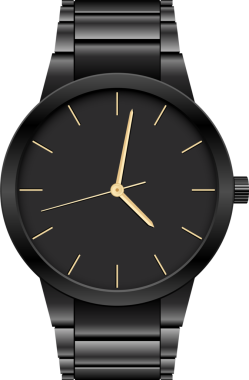 Minimalist bir tasarımı olan sofistike siyah bir kol saati. Gösterişli siyah şeridi, zarif altın saat elleri ve saat işaretleriyle vurgulanmış koyu tuşu tamamlıyor..
