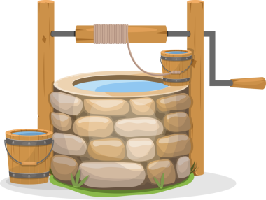 Bir illüstrasyon, su dolu, kova, makara ve krank ile donatılmış yıpranmış bir taşı tasvir eder. Kırsal, eski moda bir cazibesi var..