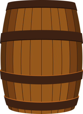 Dikey tahta levyelerden yapılmış bir çizgi film fıçısı. Koyu renkli bantlarla tutturulmuş. Fıçı açık kahverengidir, şeritler koyu kahverengidir..