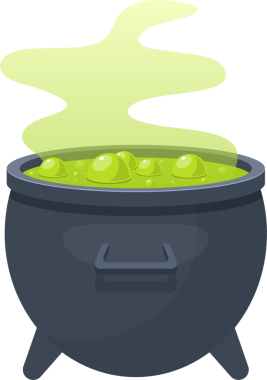 Siyah bir kazanın kabzalı, yeşil köpüklü, sıvı iksirli yeşil dumanlı karikatür görüntüsü. Bu karikatür Cadılar Bayramı, cadılık ve sihir gibi temalar öneriyor..