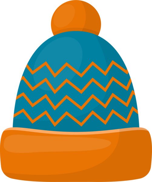 A cartoon illustration depicts a winter hat, featuring a blue cap with orange zig zag patterns, a orange brim, and a round, orange pompom at the top.