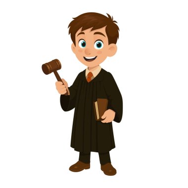 Bu karikatürde yargıç cübbesi giymiş genç bir çocuk var. Elinde bir tokmak ve kitap tutuyor. Arka plan sade, tüm dikkatini çocuğa veriyor..