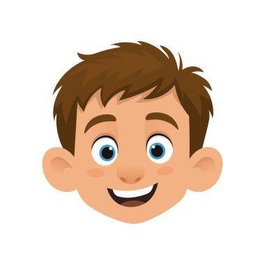 Neşeli bir çizgi film görüntüsünde geniş bir gülümseme, açık ten, kahverengi saç ve parlak mavi gözlerle bir çocuğun yüzü görülüyor. Arka plan bembeyaz..