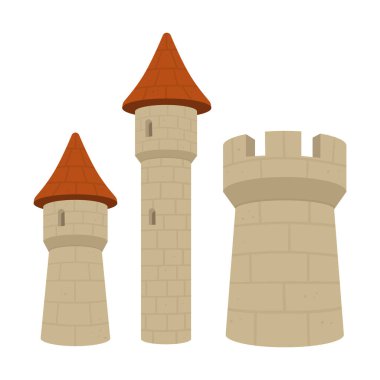 Görüntü, kendine özgü tasarımları olan üç farklı kale kulesini içeriyor. İki tanesi çatıyı işaret ederken, üçüncüsünün üstü crenelleli. Kuleler beyazlar üzerinde izole edilmiş..