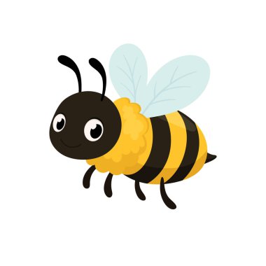 Bu resim bir arı çizgi film stili illüstrasyonunu içerir. Arının kafasında sarı ve siyah çizgili bir gövdesi, küçük kanatları ve beyaz bir zemin üzerine kurulmuş antenleri vardır..