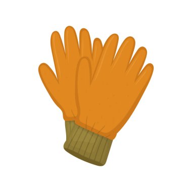 Çizgi film stili bir resim kahverengi kurdeleli bir çift turuncu kış eldivenini gösteriyor. Eldivenler temiz ve basit, çeşitli kış aktiviteleri için ideal.. 