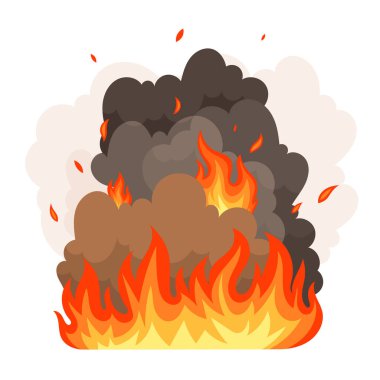 Tarzlı bir illüstrasyon yoğun alevlerin yoğun, dalgalı dumanların arasında yükseldiği dinamik bir sahne sergiliyor. Renk paletinde sıcak portakallar, sarılar, kahverengiler ve gri renkler bulunur..