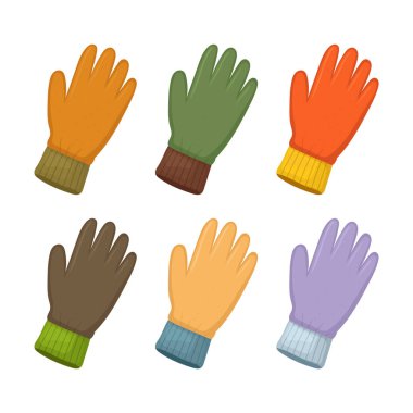 Farklı renklerde altı çizgi film eldiveni. Yumuşak örgülü kelepçeleri var. Her eldiven eşsiz, parlak bir renge sahiptir. Beyaz bir arkaplanda sıralanmışlar..