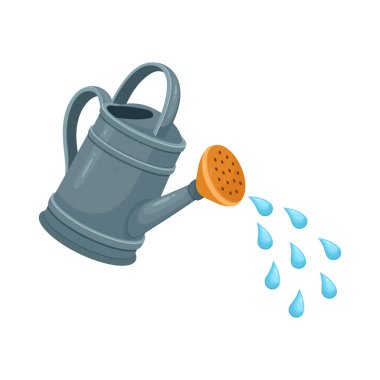 Kavisli saplı gri bir sulama kutusu ve desenli turuncu bir hortum eğiliyor ve su damlaları dökülüyor. Beyaz arkaplanda izole edilmiş, çizgi film vektör biçimi.