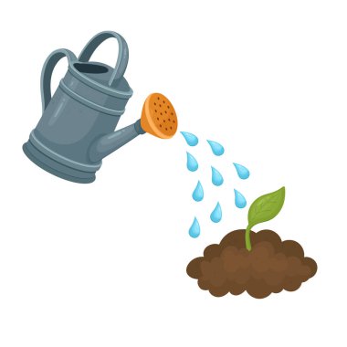 Topraktan çıkan küçük bir filizin üzerine su damlacıkları dökülen bir sulama kutusu tasviri. Büyümeyi, yetiştirmeyi ve bitki bakımındaki su kaybının önemini simgeler..
