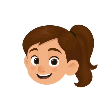 Münferit bir resimde at kuyruklu kahverengi saçlı genç bir kızın yüzü görülüyor. Neşeli bir gülüşü ve beyaz bir arka planı var..