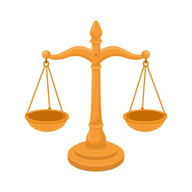 Beyaz bir arkaplan üzerine kurulu, altın ve dengeli bir adalet terazisinin tasviri. Tartlar adalet, tarafsızlık ve yasal dengeyi temsil ediyor..