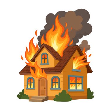 Çizgi film tarzı, iki katlı ev yanıyor. Çatıdan ve pencerelerden alevler yükseliyor ve yoğun duman yükseliyor. Evin önünde yeşil çalılar var..