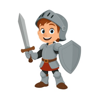 Genç, şövalye zırhı giymiş, miğferi, kılıcı ve kalkanı olan maceraya hazır gülümseyen bir çocuk tasviri..