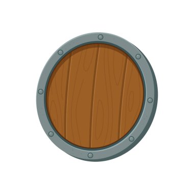 Çizgi film stili, ön görünüm çizimi, beyaz arka planda izole edilmiş, eşit aralıklı perçinlerle süslenmiş gri metal süslemeli yuvarlak ahşap bir kalkan tasvir eder..