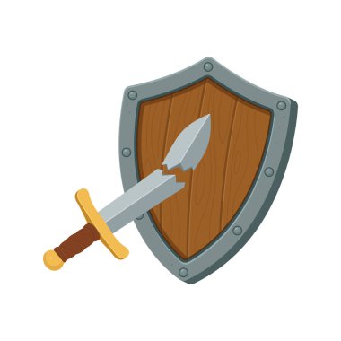 Bir karikatür, gri metal çerçeveli kahverengi ahşap bir kalkanı delip geçen kırık bir kılıcı tasvir eder. Kılıcın altın kabzası ve kahverengi kabzası var..