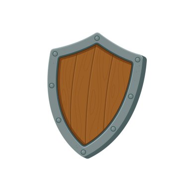 Gri metalik bukleli ve perçinli ahşap bir kalkan. Tahta kısımda dikey çizgiler var. Tahta paneller dikey olarak dizilmiş..